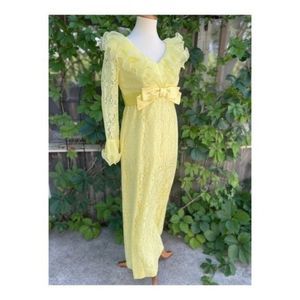 1950s Prom Dress Formal Sunny Yellow Evening Wedding Lace Bow Maxi Cupcake